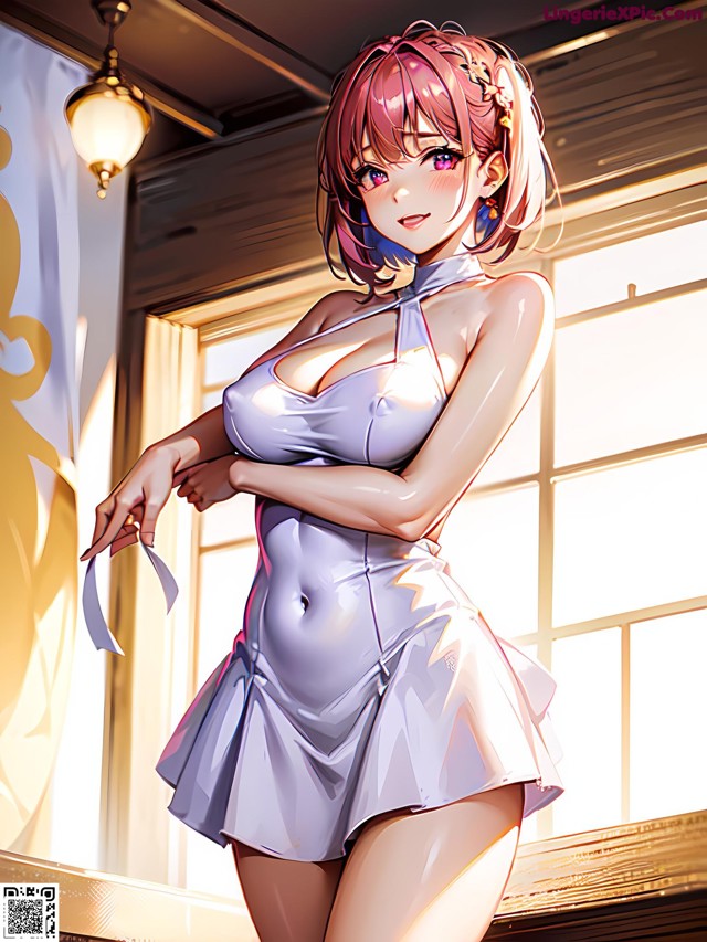 A woman in a white dress standing in front of a window.