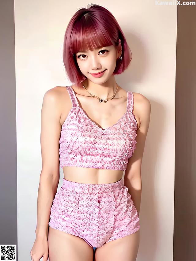 A woman in a pink top and shorts posing for a picture.